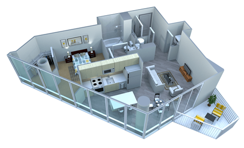 Floor plan for 1 bed, 1 bath, 709 sqft